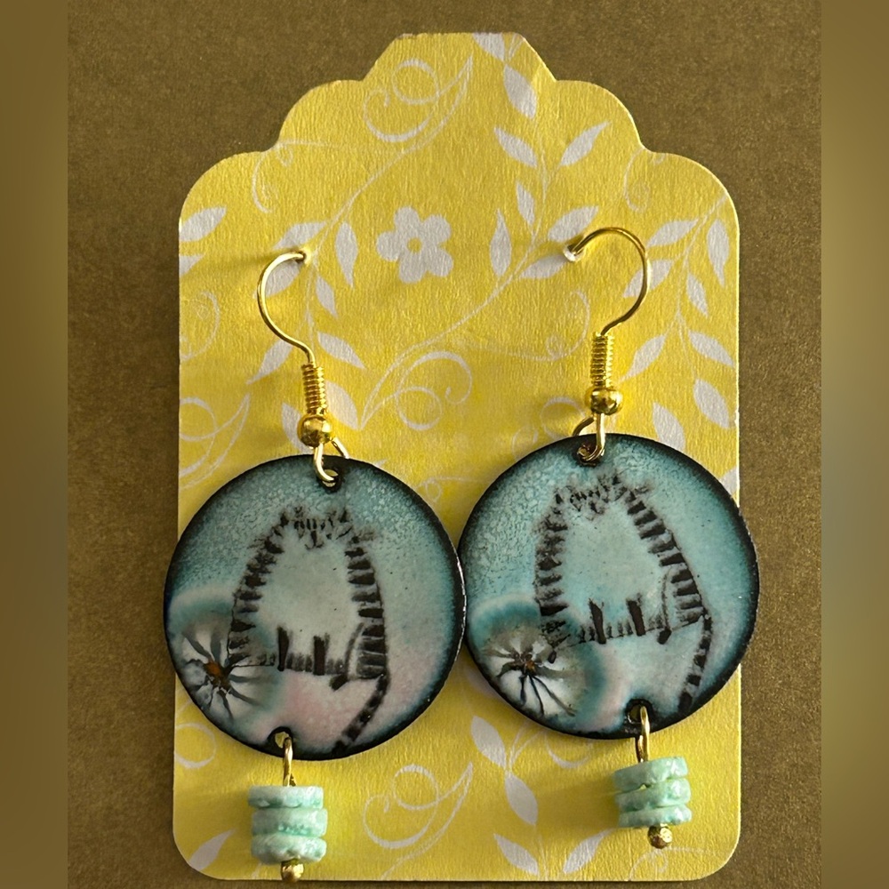 NWOT Earrings Striped Cats French artisan Copper enamels Aqua black stone drops